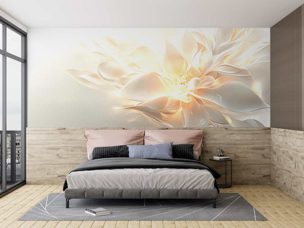 3D Cream Flower Wallpaper – Elegant Peel and Stick Floral Wallpaper for Bedroom, Soft Beige Petal Wall Decor, Modern Bloom Mural