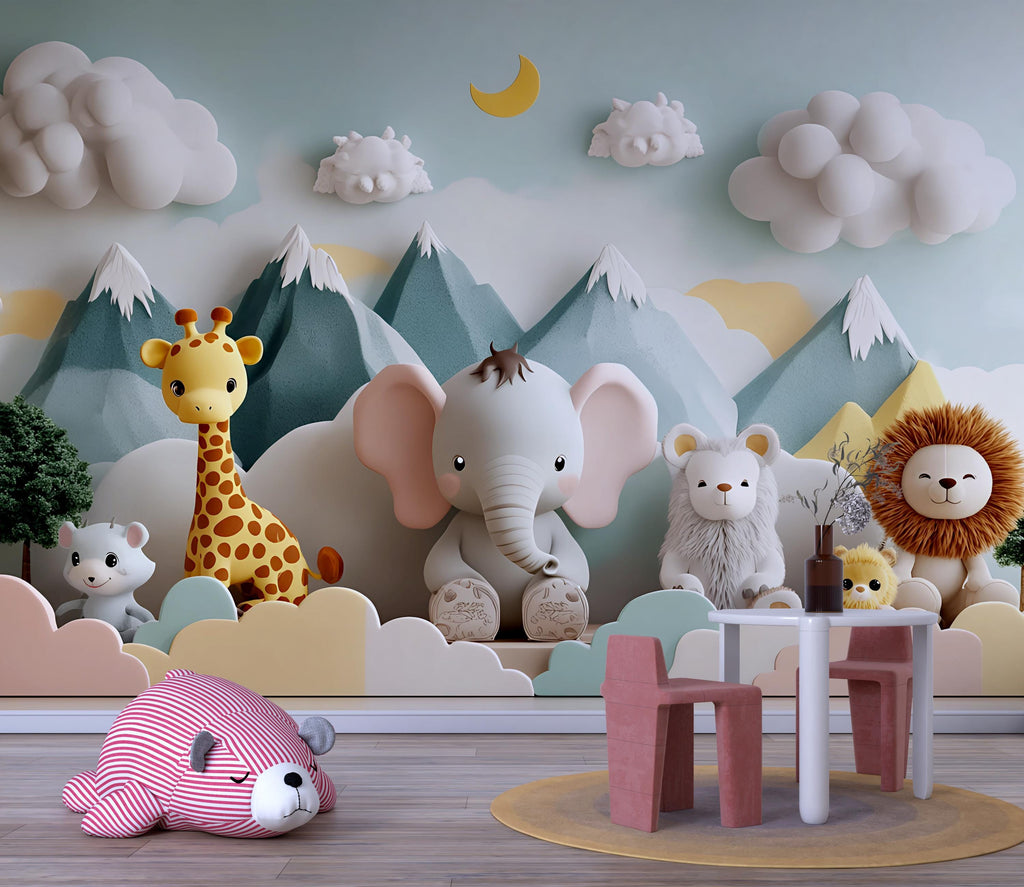 3D Jungle Safari Animal Nursery Wall Mural – Elephant, Giraffe, Lion Baby Room Wallpaper – Gender Neutral Kids Room Wall Art