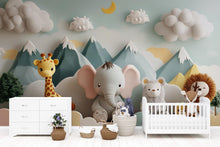 Load image into Gallery viewer, 3D Jungle Safari Animal Nursery Wall Mural – Elephant, Giraffe, Lion Baby Room Wallpaper – Gender Neutral Kids Room Wall Art