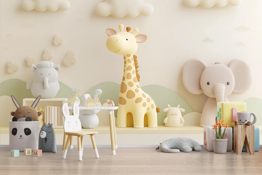 Neutral Safari Animal Nursery Wall Mural – Giraffe & Elephant Baby Wallpaper – Gender Neutral Jungle Mural for Baby Room or Playroom
