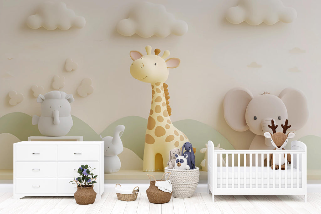 Neutral Safari Animal Nursery Wall Mural – Giraffe & Elephant Baby Wallpaper – Gender Neutral Jungle Mural for Baby Room or Playroom