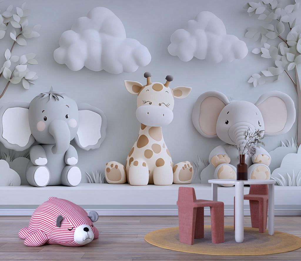 Neutral Safari Nursery Wall Mural – Giraffe and Elephant Wallpaper – Gender Neutral Animal Mural for Baby Room & Playroom Décor