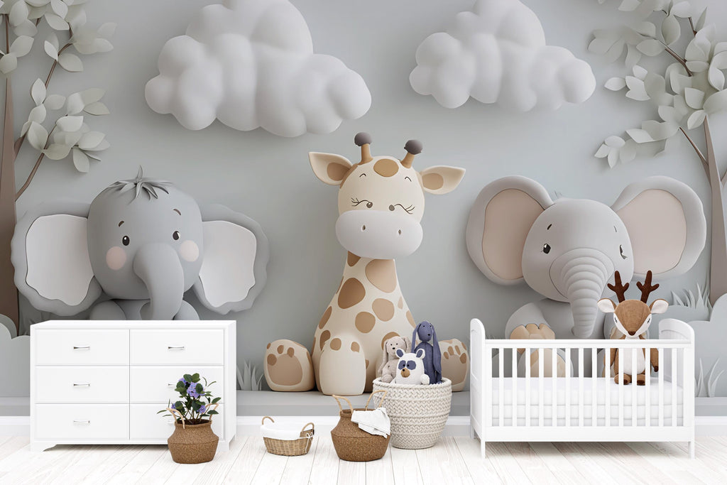 Neutral Safari Nursery Wall Mural – Giraffe and Elephant Wallpaper – Gender Neutral Animal Mural for Baby Room & Playroom Décor