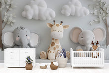 Load image into Gallery viewer, Neutral Safari Nursery Wall Mural – Giraffe and Elephant Wallpaper – Gender Neutral Animal Mural for Baby Room &amp; Playroom Décor
