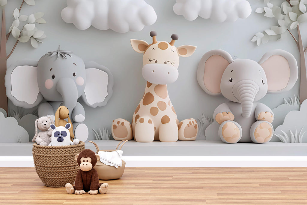 Neutral Safari Nursery Wall Mural – Giraffe and Elephant Wallpaper – Gender Neutral Animal Mural for Baby Room & Playroom Décor