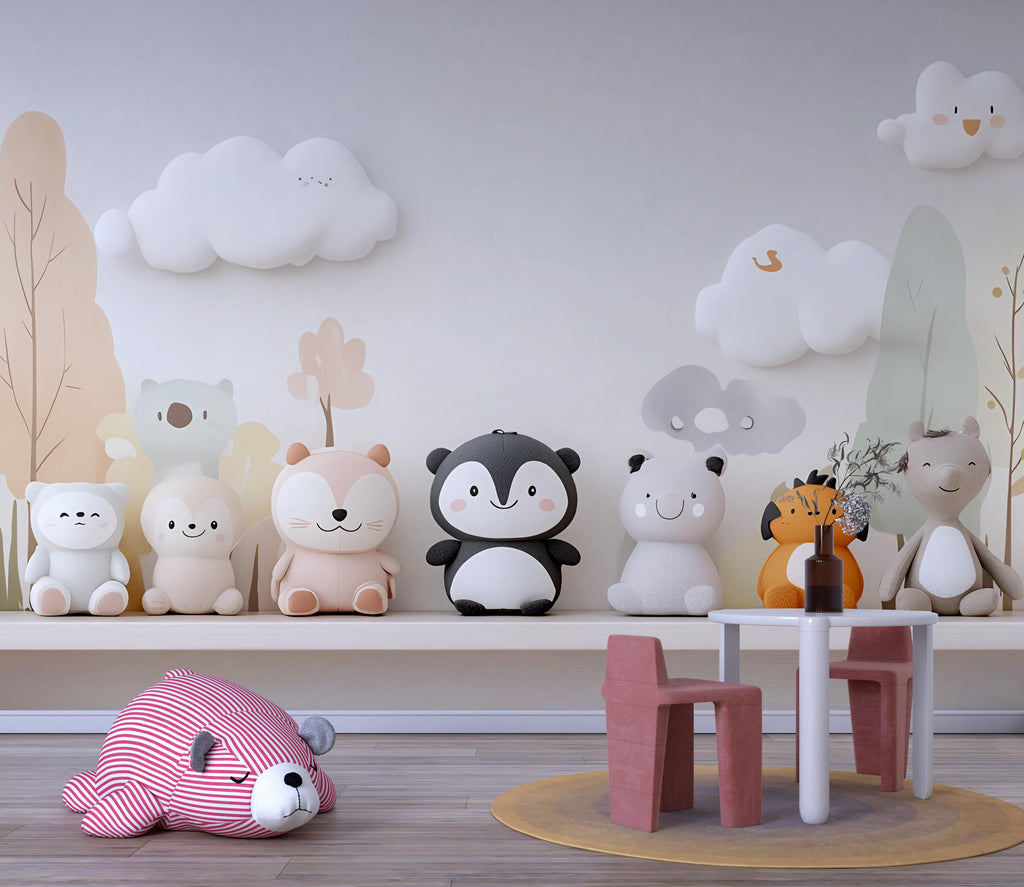 Cute Animal Nursery Wall Mural – Gender Neutral Penguin, Panda, Bear & Friends – Soft Pastel Baby Room Wallpaper