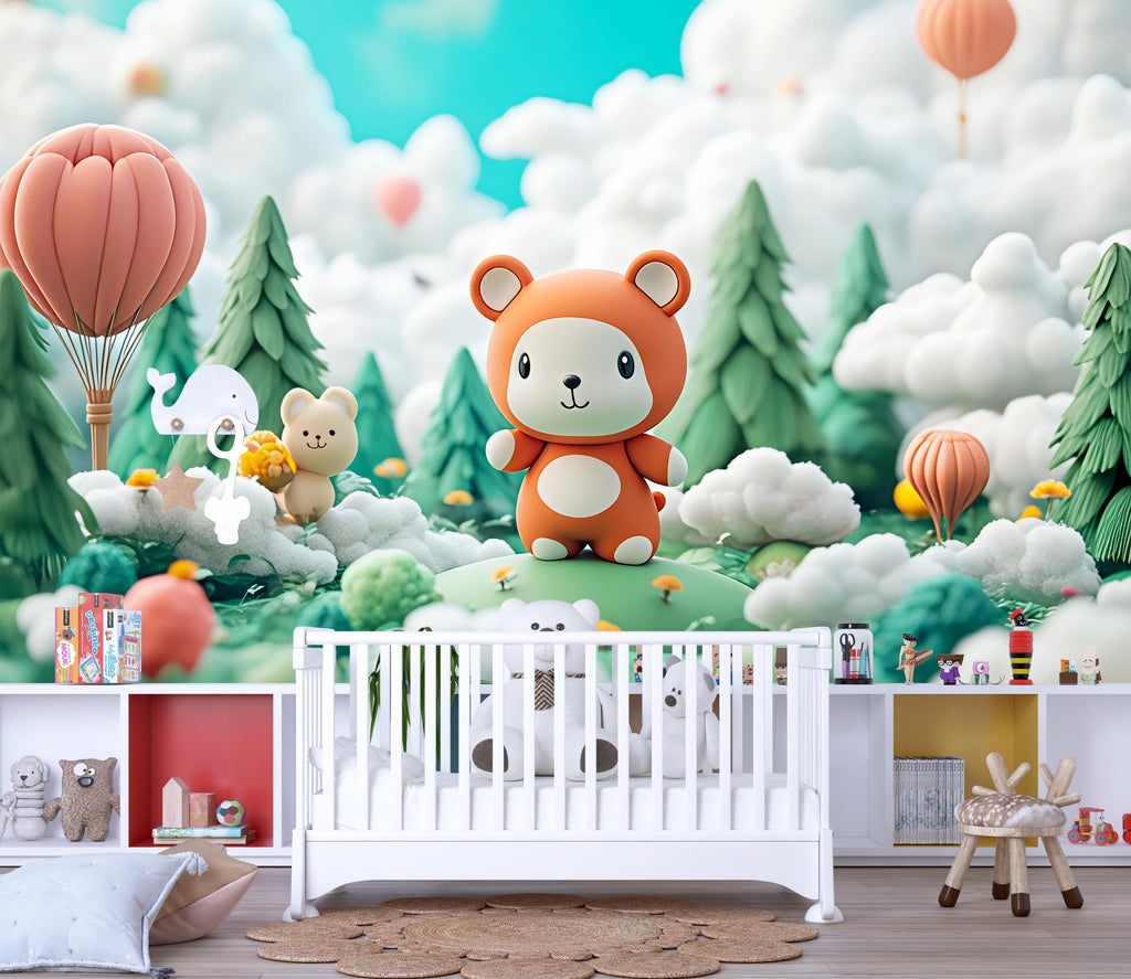 3D Forest Bear Nursery Mural – Cute Woodland Animal Wall Art for Baby Room – Gender Neutral Kids Wallpaper – Peel and Stick or Non-Woven