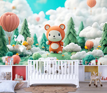 Load image into Gallery viewer, 3D Forest Bear Nursery Mural – Cute Woodland Animal Wall Art for Baby Room – Gender Neutral Kids Wallpaper – Peel and Stick or Non-Woven