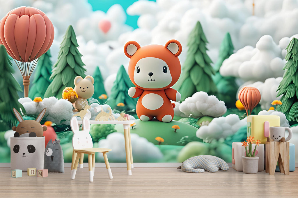 3D Forest Bear Nursery Mural – Cute Woodland Animal Wall Art for Baby Room – Gender Neutral Kids Wallpaper – Peel and Stick or Non-Woven