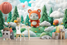 Load image into Gallery viewer, 3D Forest Bear Nursery Mural – Cute Woodland Animal Wall Art for Baby Room – Gender Neutral Kids Wallpaper – Peel and Stick or Non-Woven