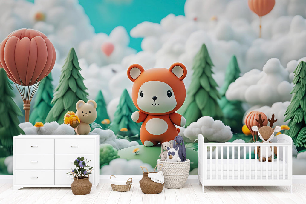 3D Forest Bear Nursery Mural – Cute Woodland Animal Wall Art for Baby Room – Gender Neutral Kids Wallpaper – Peel and Stick or Non-Woven