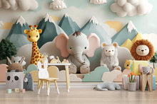 Load image into Gallery viewer, 3D Jungle Animal Nursery Mural – Elephant, Giraffe, Lion Wall Art – Gender Neutral Baby Wallpaper – Mountain Scene Peel and Stick Mural