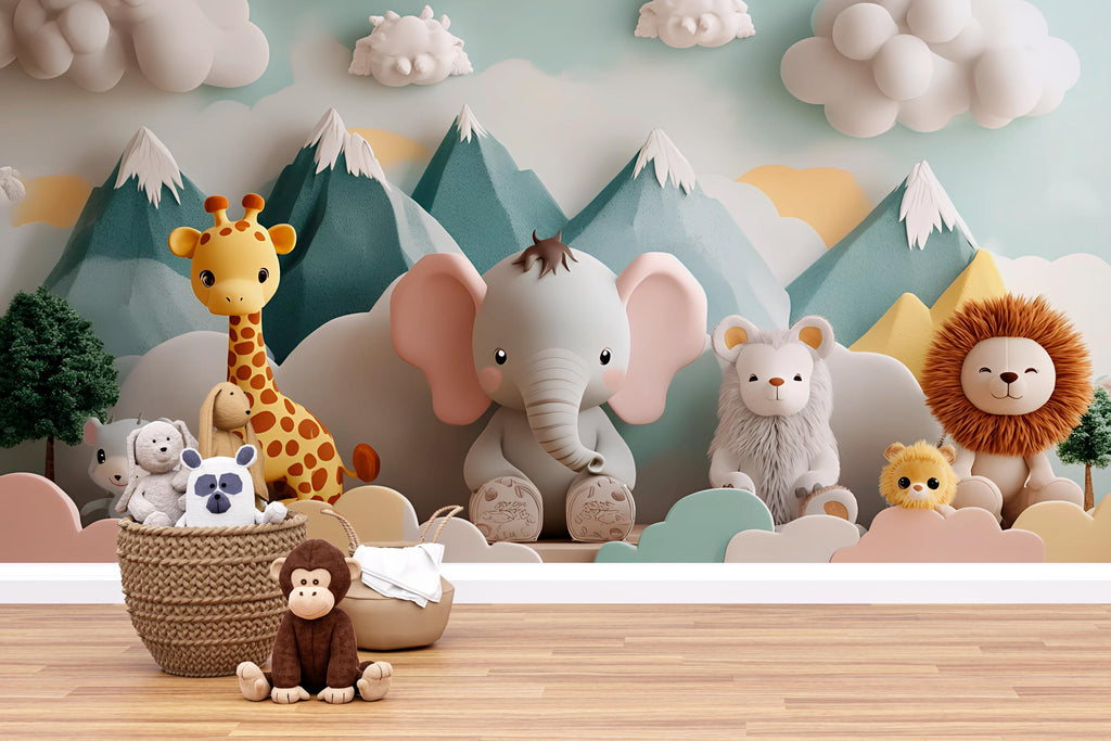 3D Jungle Animal Nursery Mural – Elephant, Giraffe, Lion Wall Art – Gender Neutral Baby Wallpaper – Mountain Scene Peel and Stick Mural