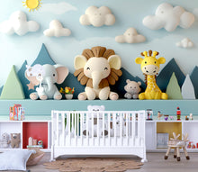 Load image into Gallery viewer, 3D Animal Nursery Mural – Lion, Elephant &amp; Giraffe Wall Art – Gender Neutral Safari Wallpaper – Kids Room Peel and Stick Mural