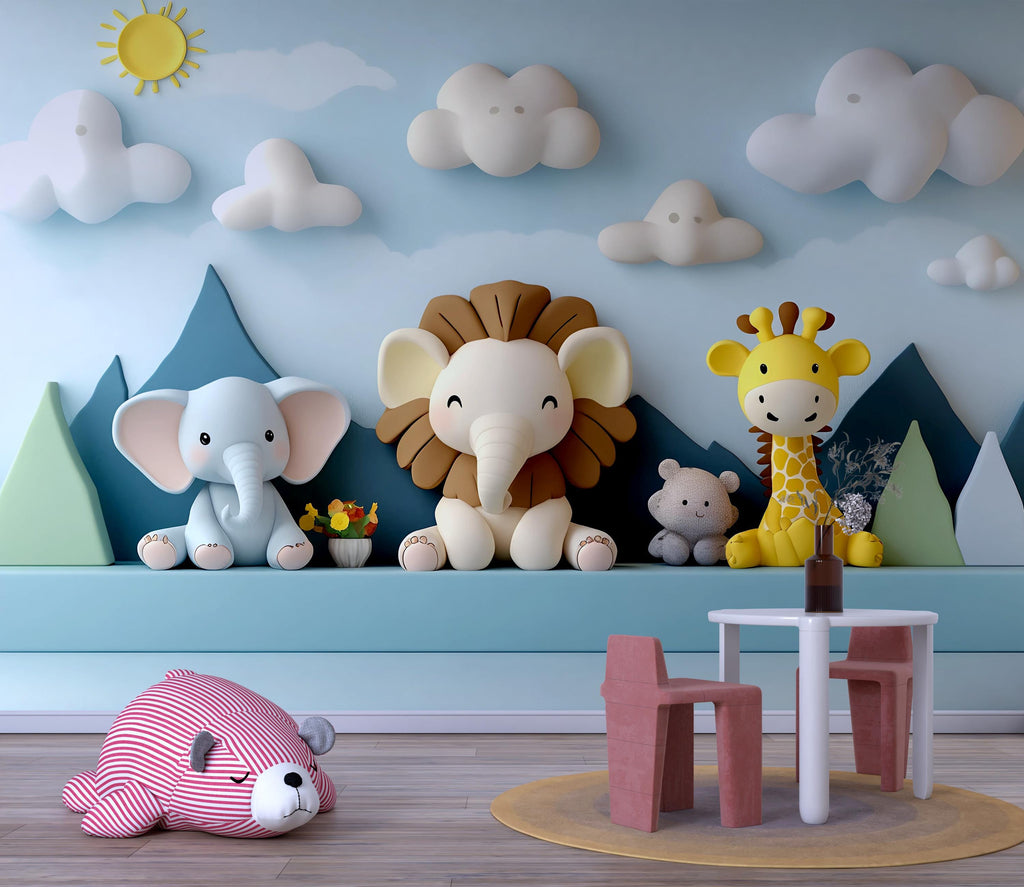 3D Animal Nursery Mural – Lion, Elephant & Giraffe Wall Art – Gender Neutral Safari Wallpaper – Kids Room Peel and Stick Mural