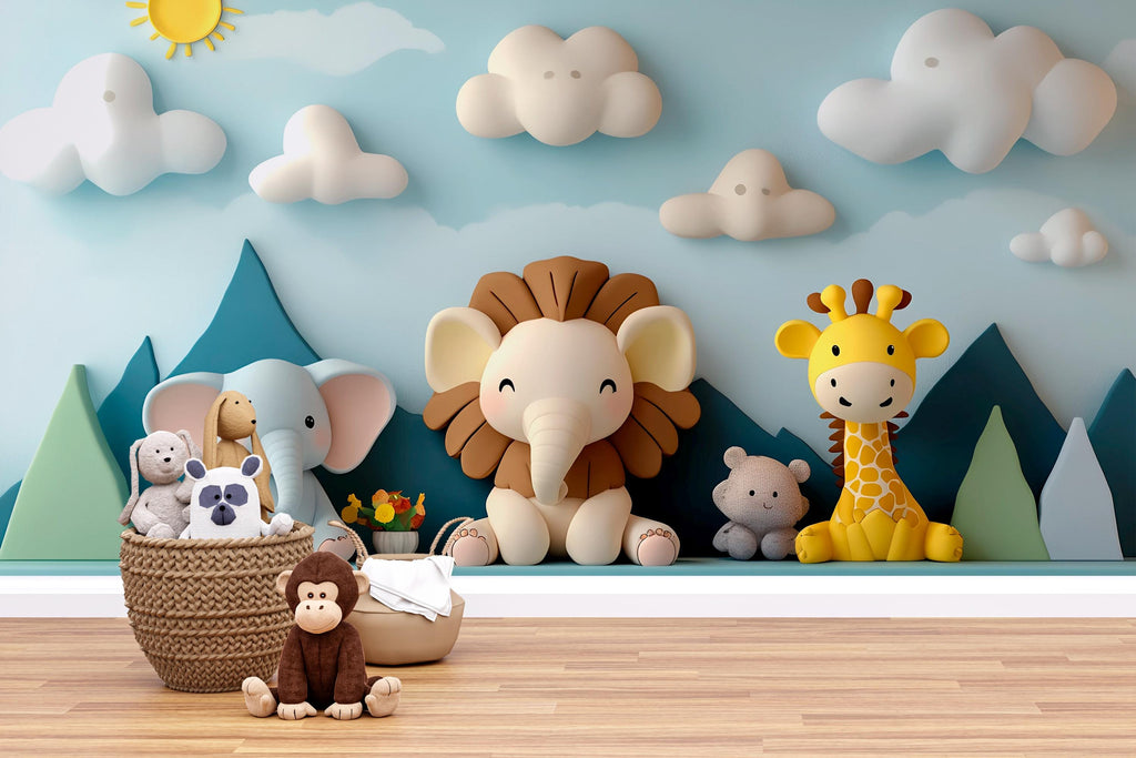 3D Animal Nursery Mural – Lion, Elephant & Giraffe Wall Art – Gender Neutral Safari Wallpaper – Kids Room Peel and Stick Mural