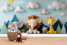 Load image into Gallery viewer, 3D Animal Nursery Mural – Lion, Elephant &amp; Giraffe Wall Art – Gender Neutral Safari Wallpaper – Kids Room Peel and Stick Mural
