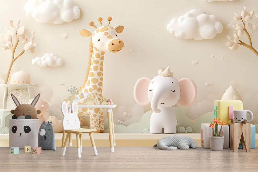 Neutral Safari Animal Nursery Mural – Giraffe & Elephant Wall Art – 3D Baby Room Wallpaper – Peel and Stick Jungle Mural