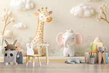 Load image into Gallery viewer, Neutral Safari Animal Nursery Mural – Giraffe &amp; Elephant Wall Art – 3D Baby Room Wallpaper – Peel and Stick Jungle Mural