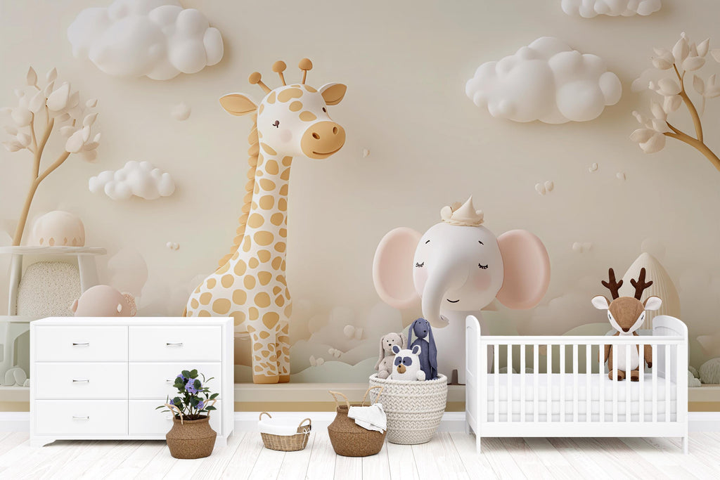 Neutral Safari Animal Nursery Mural – Giraffe & Elephant Wall Art – 3D Baby Room Wallpaper – Peel and Stick Jungle Mural