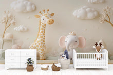 Load image into Gallery viewer, Neutral Safari Animal Nursery Mural – Giraffe &amp; Elephant Wall Art – 3D Baby Room Wallpaper – Peel and Stick Jungle Mural
