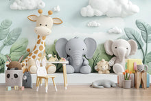 Load image into Gallery viewer, Safari Jungle Nursery Mural – Giraffe and Elephant Wall Art – Neutral Baby Room Wallpaper – 3D Peel &amp; Stick Jungle Animals