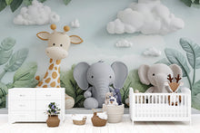 Load image into Gallery viewer, Safari Jungle Nursery Mural – Giraffe and Elephant Wall Art – Neutral Baby Room Wallpaper – 3D Peel &amp; Stick Jungle Animals