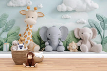Load image into Gallery viewer, Safari Jungle Nursery Mural – Giraffe and Elephant Wall Art – Neutral Baby Room Wallpaper – 3D Peel &amp; Stick Jungle Animals