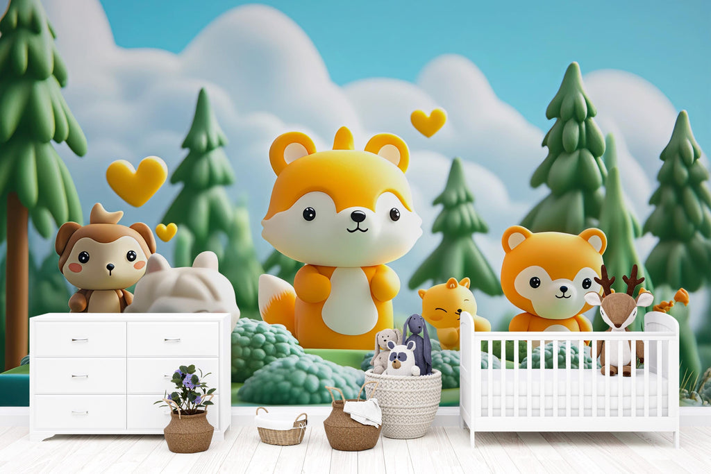 Yellow Fox Family Nursery Mural – Cute Woodland Animal Wallpaper – Gender Neutral Baby Room Wall Art – Peel & Stick or Non-Woven