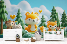 Load image into Gallery viewer, Yellow Fox Family Nursery Mural – Cute Woodland Animal Wallpaper – Gender Neutral Baby Room Wall Art – Peel &amp; Stick or Non-Woven