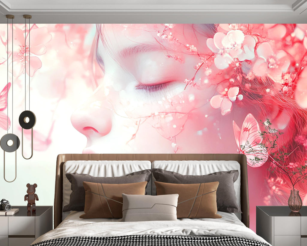 Dreamy Floral Face Wallpaper – Pink Cherry Blossom Girl Portrait Wallpaper | Romantic Peel-and-Stick Vinyl Décor for Bedroom or Studio