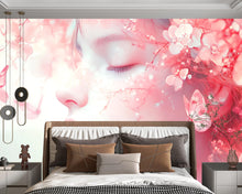 Load image into Gallery viewer, Dreamy Floral Face Wallpaper – Pink Cherry Blossom Girl Portrait Wallpaper | Romantic Peel-and-Stick Vinyl Décor for Bedroom or Studio