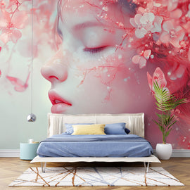 Dreamy Floral Face Wallpaper – Pink Cherry Blossom Girl Portrait Wallpaper | Romantic Peel-and-Stick Vinyl Décor for Bedroom or Studio