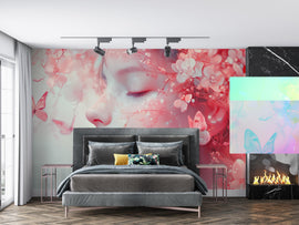 Dreamy Floral Face Wallpaper – Pink Cherry Blossom Girl Portrait Wallpaper | Romantic Peel-and-Stick Vinyl Décor for Bedroom or Studio
