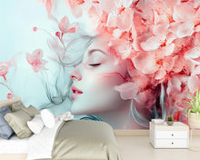 Load image into Gallery viewer, Cherry Blossom Girl Wallpaper – Romantic Face &amp; Flowers Wallpaper | Elegant Peel-and-Stick Floral Art for Bedroom or Studio