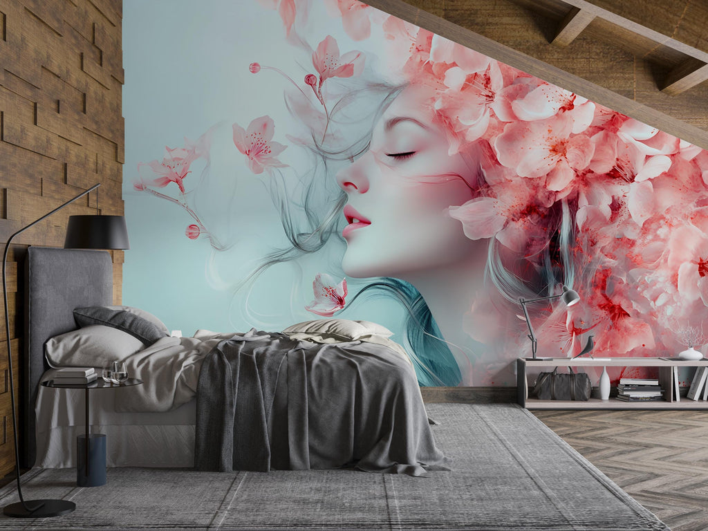 Cherry Blossom Girl Wallpaper – Romantic Face & Flowers Wallpaper | Elegant Peel-and-Stick Floral Art for Bedroom or Studio