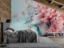 Load image into Gallery viewer, Cherry Blossom Girl Wallpaper – Romantic Face &amp; Flowers Wallpaper | Elegant Peel-and-Stick Floral Art for Bedroom or Studio