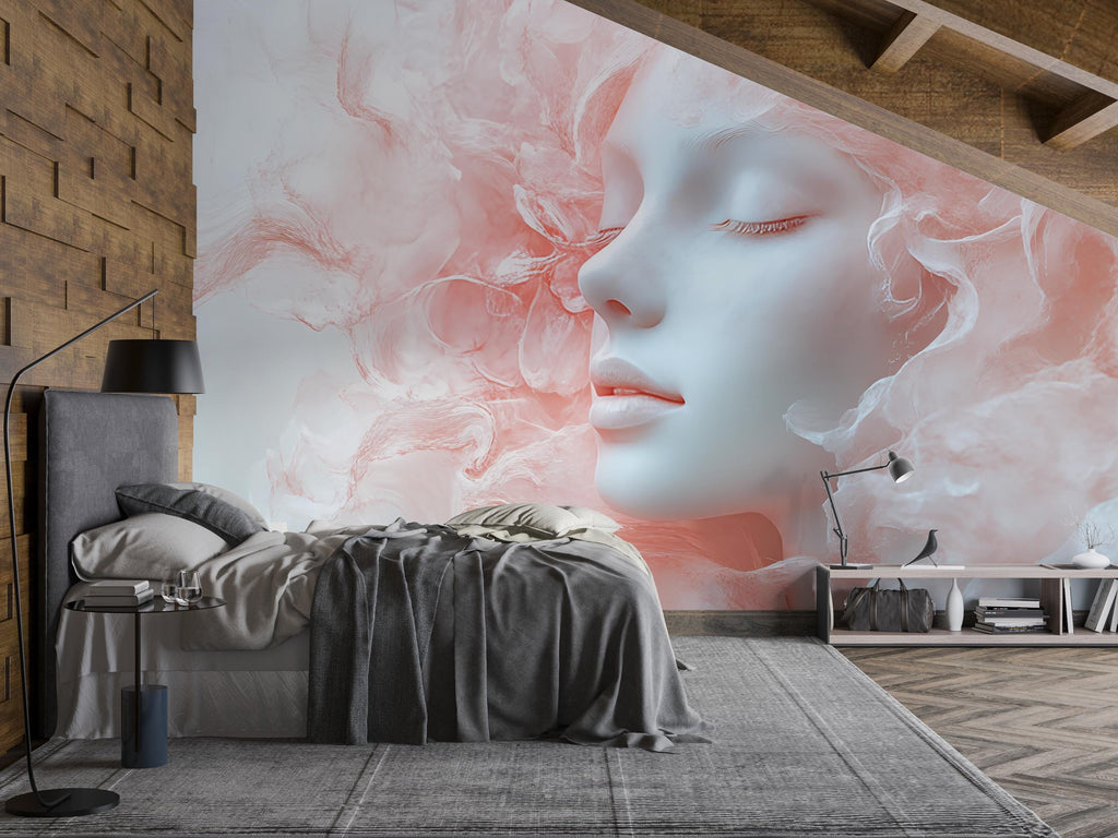 Dreamy Surreal Woman Face Wallpaper – Soft Pink Cloud Hair Peel-and-Stick Wallpaper | Feminine Art Bedroom Decor