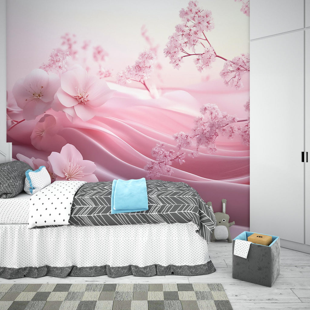 Romantic Pink Cherry Blossom Wallpaper – Japanese Sakura Floral Wallpaper, Peel and Stick Bedroom Decor, Soft Spring Garden Scene
