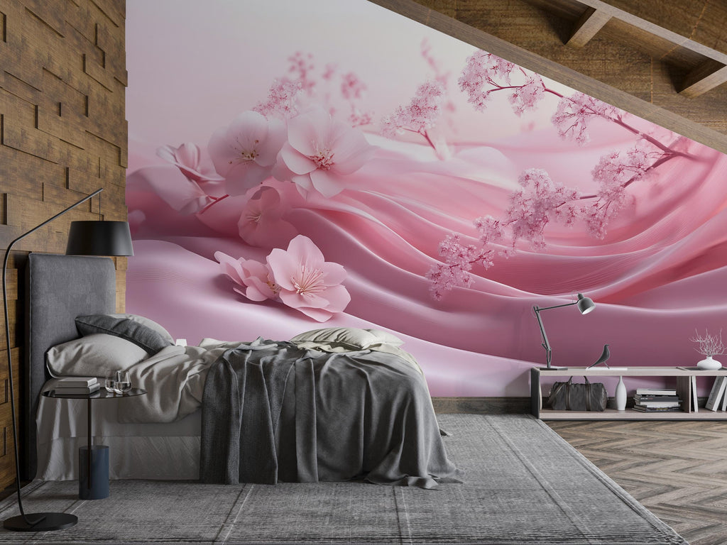 Romantic Pink Cherry Blossom Wallpaper – Japanese Sakura Floral Wallpaper, Peel and Stick Bedroom Decor, Soft Spring Garden Scene