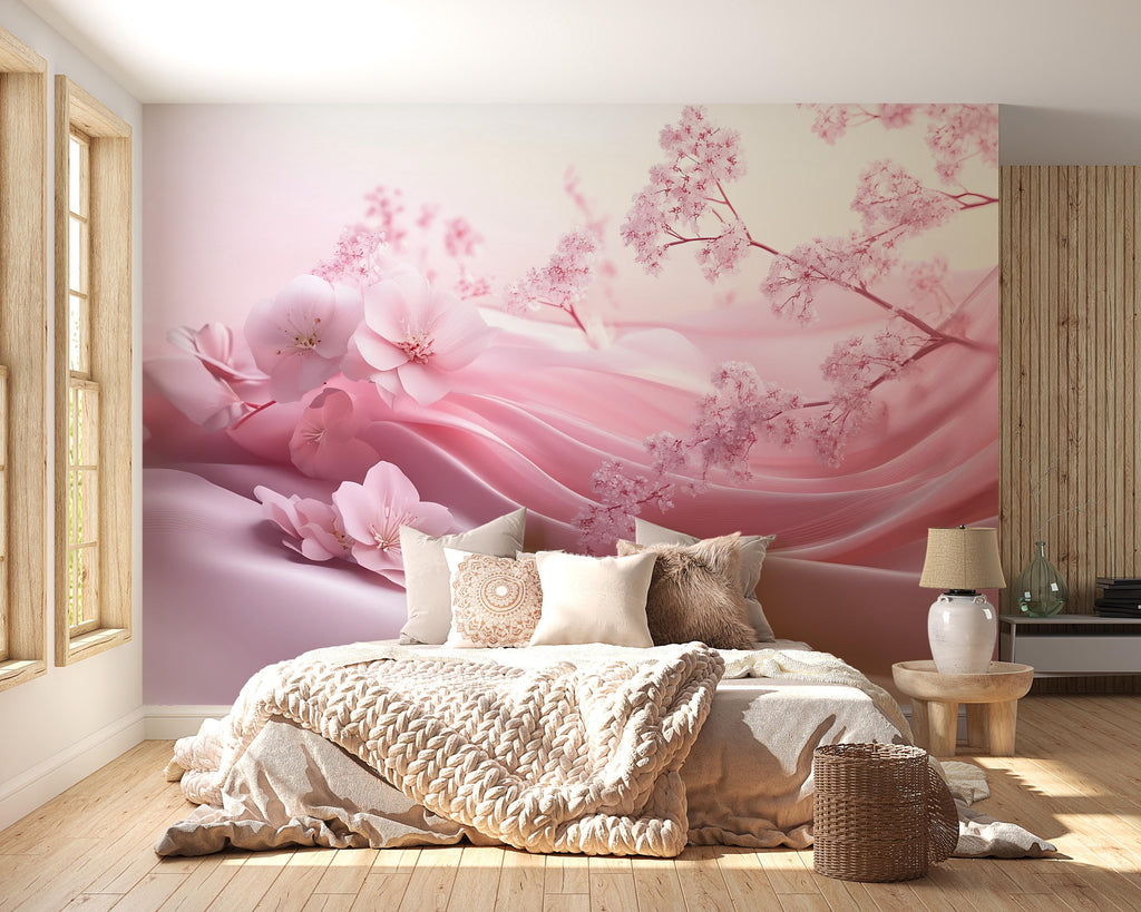 Romantic Pink Cherry Blossom Wallpaper – Japanese Sakura Floral Wallpaper, Peel and Stick Bedroom Decor, Soft Spring Garden Scene