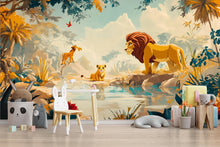 Load image into Gallery viewer, Cartoon Lion Jungle Safari Wallpaper – Kids Room Vinyl Wallpaper | Nursery Jungle Animal Wall Decal | Peel and Stick or Traditional