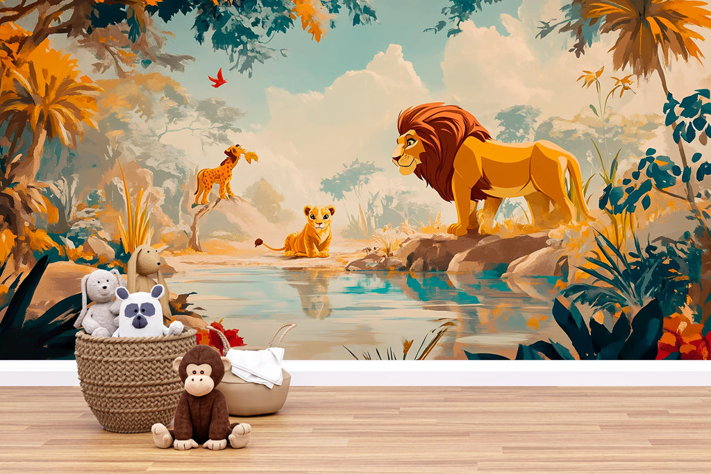 Cartoon Lion Jungle Safari Wallpaper – Kids Room Vinyl Wallpaper | Nursery Jungle Animal Wall Decal | Peel and Stick or Traditional