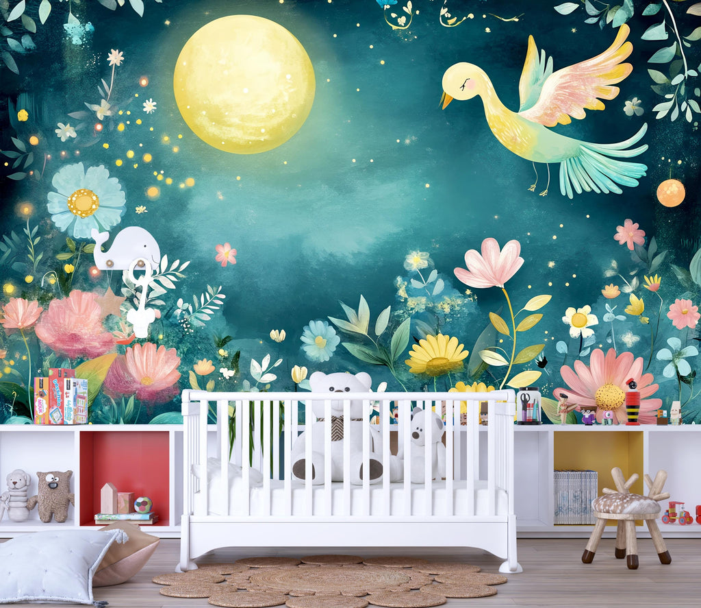 Moonlight Floral Nursery Wall Mural – Watercolor Bird and Flower Wallpaper for Baby Girl Room, Pastel Jungle Peel and Stick Mural