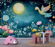 Load image into Gallery viewer, Moonlight Floral Nursery Wall Mural – Watercolor Bird and Flower Wallpaper for Baby Girl Room, Pastel Jungle Peel and Stick Mural
