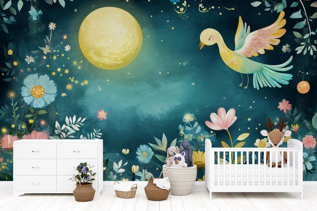Moonlight Floral Nursery Wall Mural – Watercolor Bird and Flower Wallpaper for Baby Girl Room, Pastel Jungle Peel and Stick Mural