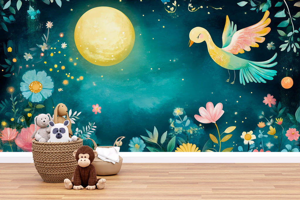 Moonlight Floral Nursery Wall Mural – Watercolor Bird and Flower Wallpaper for Baby Girl Room, Pastel Jungle Peel and Stick Mural