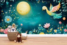 Load image into Gallery viewer, Moonlight Floral Nursery Wall Mural – Watercolor Bird and Flower Wallpaper for Baby Girl Room, Pastel Jungle Peel and Stick Mural