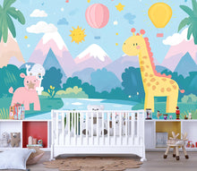 Load image into Gallery viewer, Pastel Jungle Nursery Wall Mural – Giraffe &amp; Hippo Animal Wallpaper for Kids Room, Hot Air Balloon Safari Peel and Stick Mural