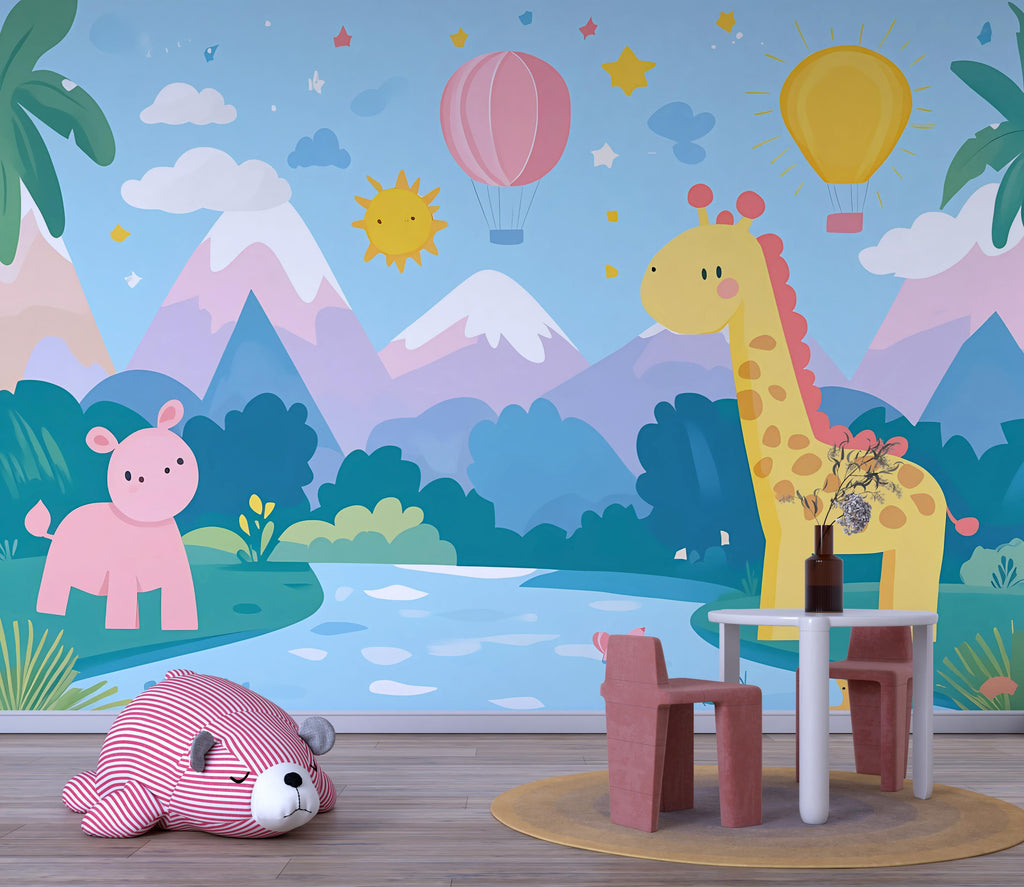 Pastel Jungle Nursery Wall Mural – Giraffe & Hippo Animal Wallpaper for Kids Room, Hot Air Balloon Safari Peel and Stick Mural